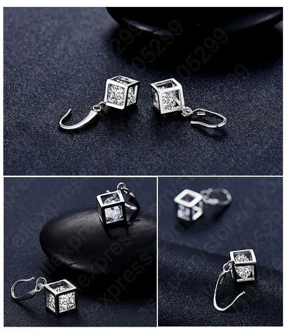 Trendy Design Jewelry Set For Women 925 Sterling Silver Color Jewelry Set Square Pendant Necklace Earrings Wholesale  Promotion