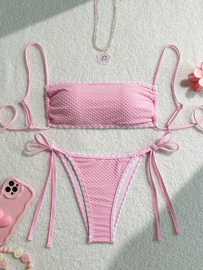 Swimwear White 2 Piece Strapless Swimsuit for Women Sexy Bandeau Backless Bikini Set Lace-up Patchwork Bathing Suit 2025 New