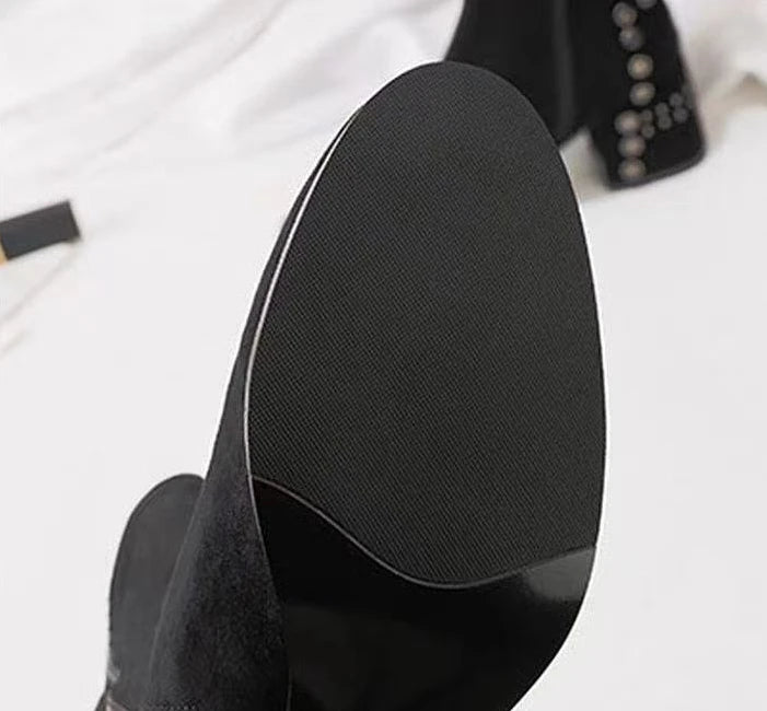 Mid Calf Round Toe Black Shoes For Women Ladies Boots Biker Footwear Studded Half High Gothic Hot Stylish And Low Price Pu