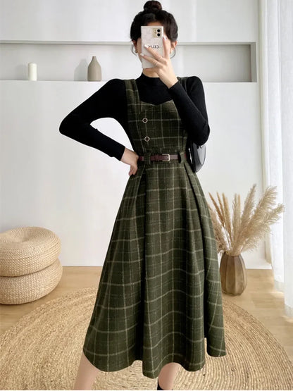 High Quality Fall Winter Women Sweater Overalls Dress Sets Casual Knitted Tops +Plaid Woolen Dress 2 Piece Sets Outfits Female
