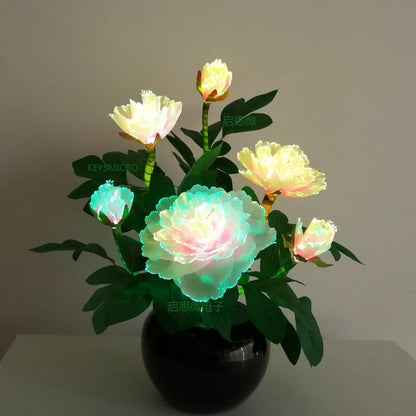 Fairy Optical Fiber Colorful Peony Flower with Fiber Optic Wire Spun Silk Plastic Novelty artistic home party Shop Decoration