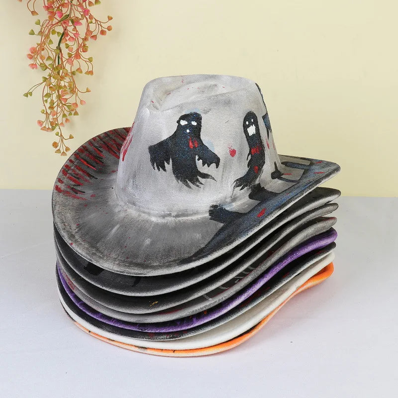 Stack of Halloween cowboy hats for adults featuring ghost designs in gray, black, and orange