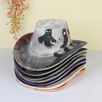 Stack of Halloween cowboy hats for adults featuring ghost designs in gray, black, and orange