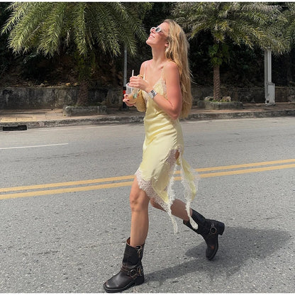 Yellow Satin Lace Splicing Sling Dress Women Elegant Irregular Hem V Neck Backless Sleeveless Gown Chic Women Party Club Vestido