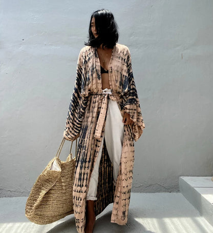 2023 Women's Boho Stripe Tie Dye Swimsuit Cover Up with Belt Tunic Sarong Cardigan Dress Bikini Cover-ups Beach Wear Kimono