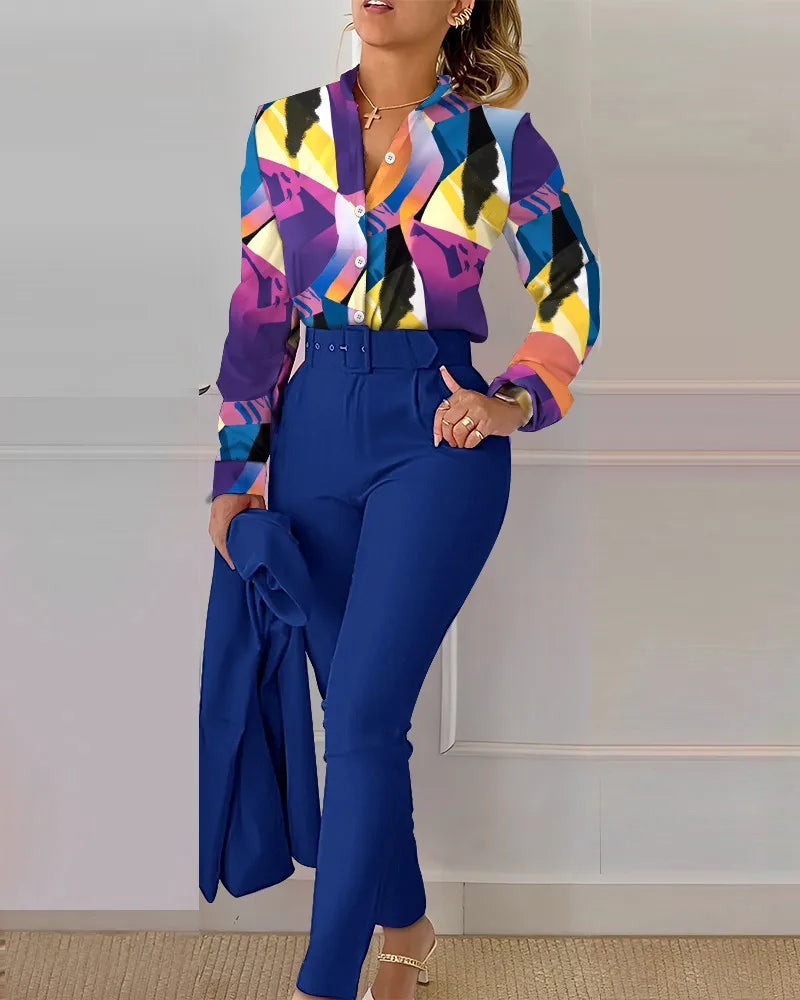 Autumn Winter Stand Neck Floral Print Long Sleeve Shirt Pants Two Piece Sets Elegant Women Casual Shirt Trousers Suits With Belt