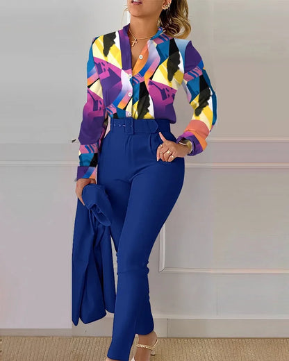 Autumn Winter Stand Neck Floral Print Long Sleeve Shirt Pants Two Piece Sets Elegant Women Casual Shirt Trousers Suits With Belt