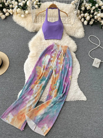 Fashion New Women Summer Sexy Pants Set 2023 Halter Tank Tops Wide-leg Long Pantsuit Female Slim Vacation Two Piece Sets