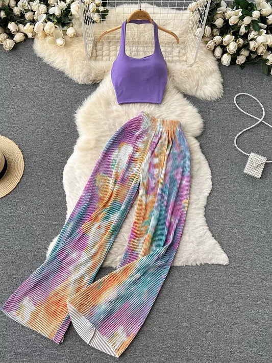 Fashion New Women Summer Sexy Pants Set 2023 Halter Tank Tops Wide-leg Long Pantsuit Female Slim Vacation Two Piece Sets
