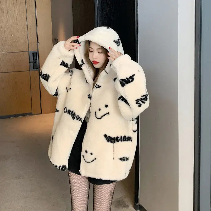 Jackets For Women 2022 Winter Cashmere Chic Printing Hooded Fashion Street Outerwear Sweet Casual College Women's jacket Coat