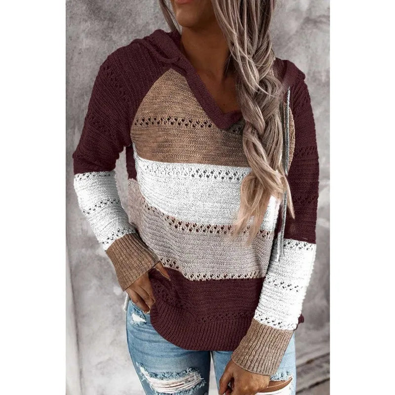 Women Patchwork Hooded Sweater Casual Long Sleeve Knitted Sweater Top Striped Elegant Pullover Jumpers Autumn Winter Plus Size