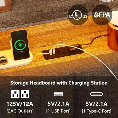 Queen Bed Frame with Storage Bookcase Headboard & LED Lights,Upholstered Bed Frame with USBCharging Station,No Box Spring Needed