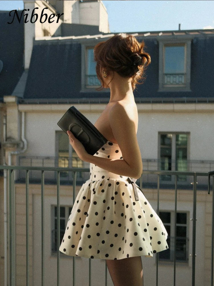 Nibber Dots Print Dress Women Chest Wrap Backless Bow Applique Ruffles Loose Hem 2025 Y2k Trend Streetwear Chic Mini Bodycon