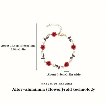 1pc Red Rose Flower Decor Chain Bracelet, Elegant Halloween Christmas Party Gift AccessoriesAnniversary Party Gifts, Jewelry,