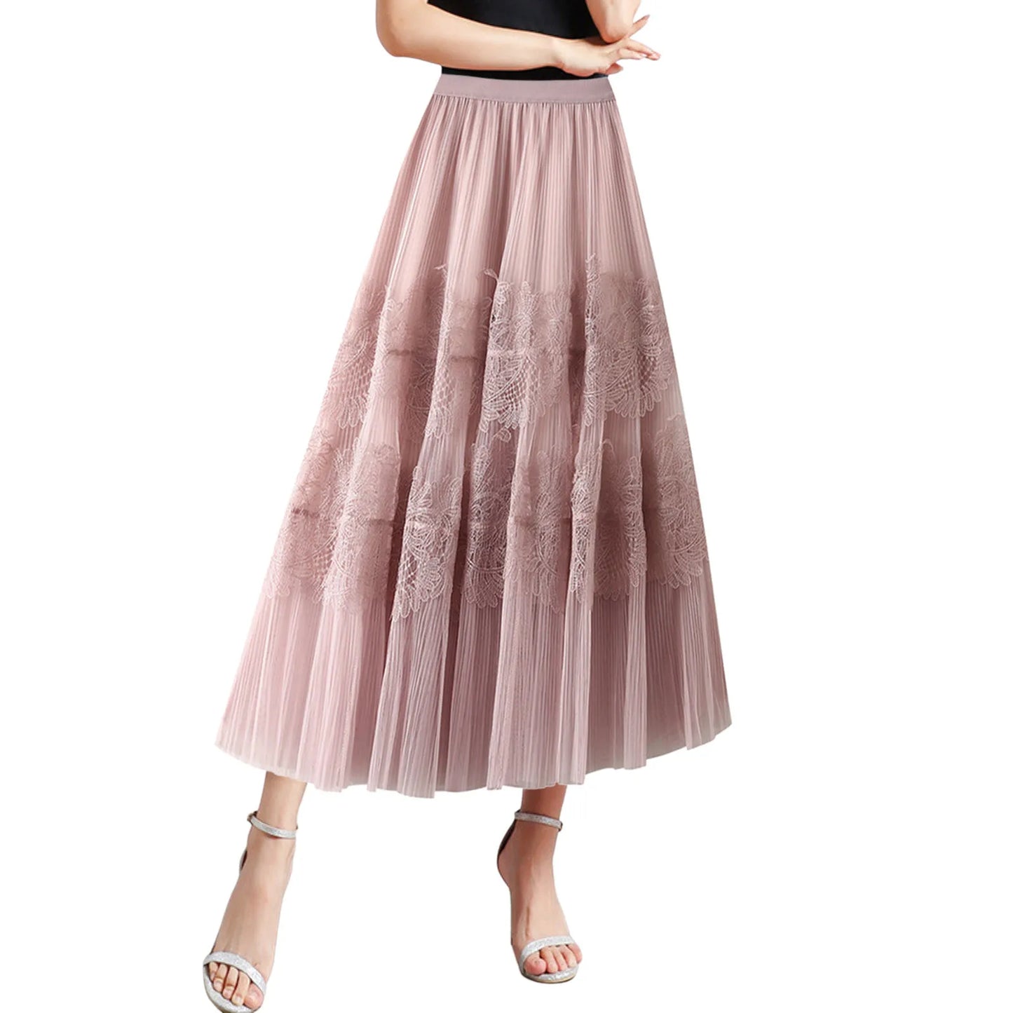 Women Mid Length Skirts Dance Party A Line High Waisted Lace Tulle Skirt Pleated Mesh Half Skirts Holiday Party Costumes