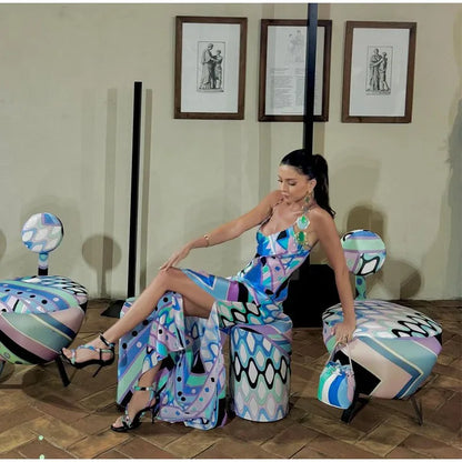 Chic Print Sling Long Dress Women Sleevless Backless Side Split Party Dresses 2025 Summer Street Beach Lady Ankle-length Robes
