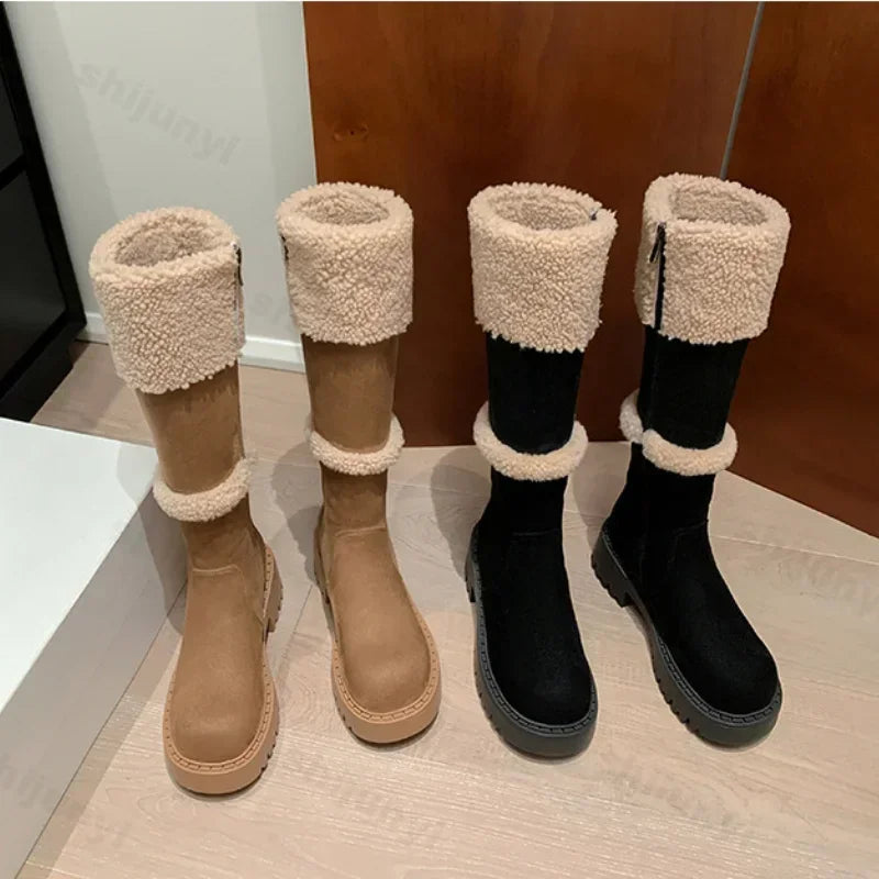 Thickened Lamb Wool Long Tube Snow Boots for Women New 2025 Autumn Winter Anti-slip Fleece-lined Cotton Shoes Knee High Boots