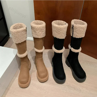 Thickened Lamb Wool Long Tube Snow Boots for Women New 2025 Autumn Winter Anti-slip Fleece-lined Cotton Shoes Knee High Boots