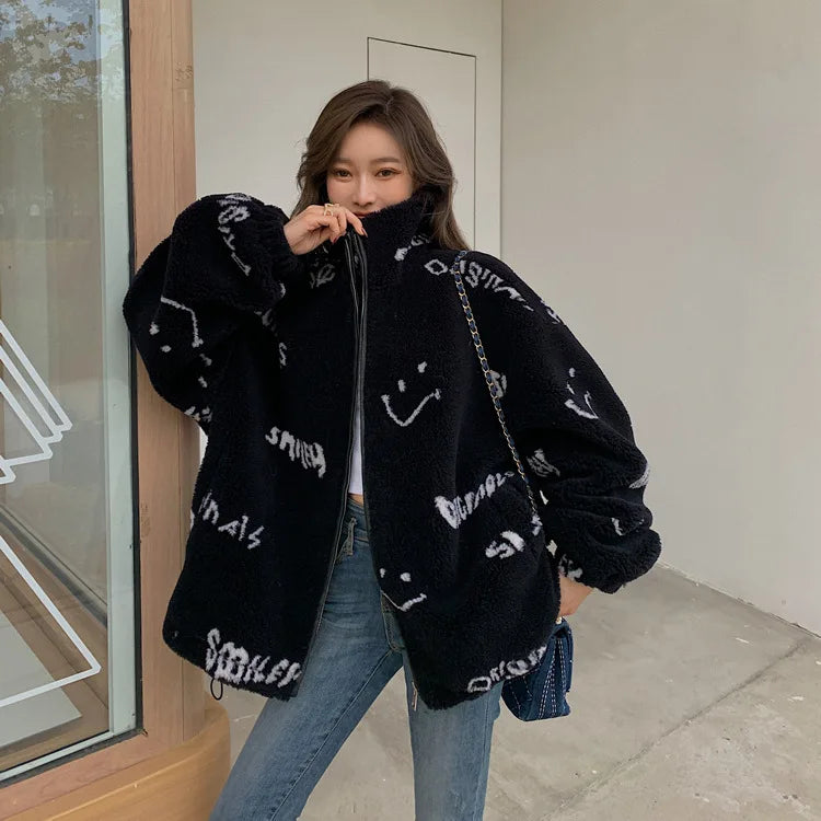 Jackets For Women 2022 Winter Cashmere Chic Printing Hooded Fashion Street Outerwear Sweet Casual College Women's jacket Coat