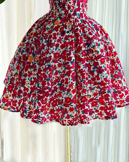 Elegant Floral Print A- Line Mini Dress with Bow Knot High Waist Slimming for Women Spring Season Fashion Casual Skirt