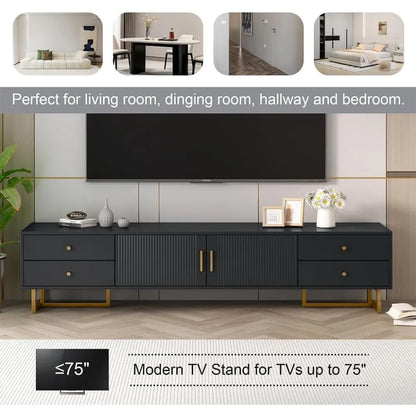 71" Fluted TV Stand, Modern Low Stand for TVs up to 80 Inches, Entertainment Center with Storage and 4 Drawers