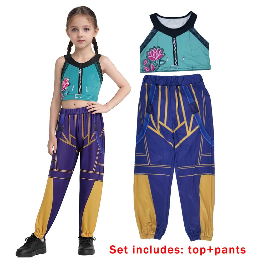 Zoey Rumi kids costume teal floral crop top and purple gold jogger pants set for play