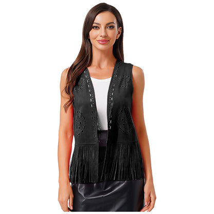 Womens Western Cowgirl Hippy Cosplay Costume Vintage Hollow Out Tassel Tank Tops Fringe Vest 70s Disco Faux Suede Waistcoat