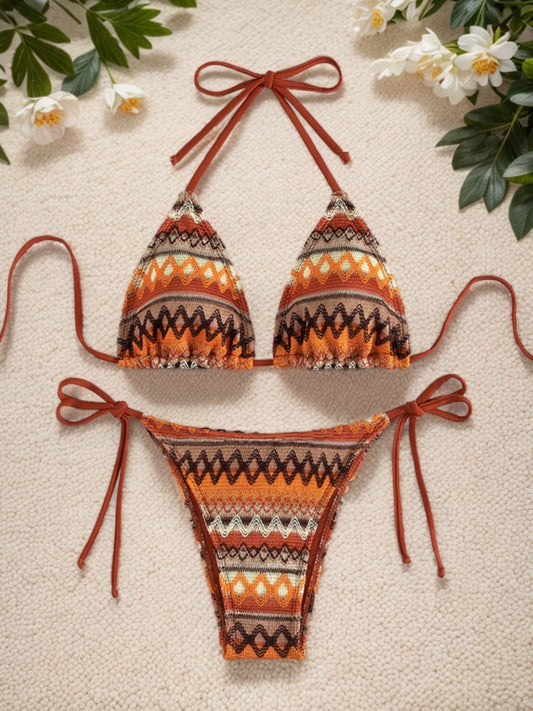 2026 Women's 2-piece Swimsuit Sexy Knitted Striped Bikini Set Triangle Bra Suspender Halter Backless Beach Vacation Swimwear