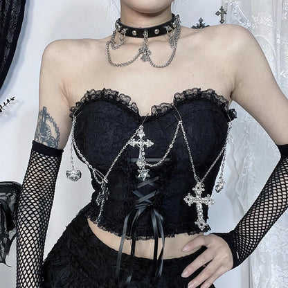 Gothic Cross Chain Crop Tube Top Women's Harajuku Lace Trim Strapless Tank Tops Y2K Clothes Punk E Girl Hippie Party Grunge Tops