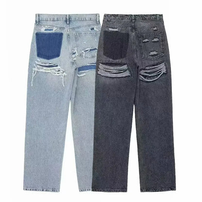 Jeans For Women 2024 Denim Solid Loose Zipper Fly Female Hole Trouser Pockets Wild Basic Commute Woman Wide Leg Long Pant