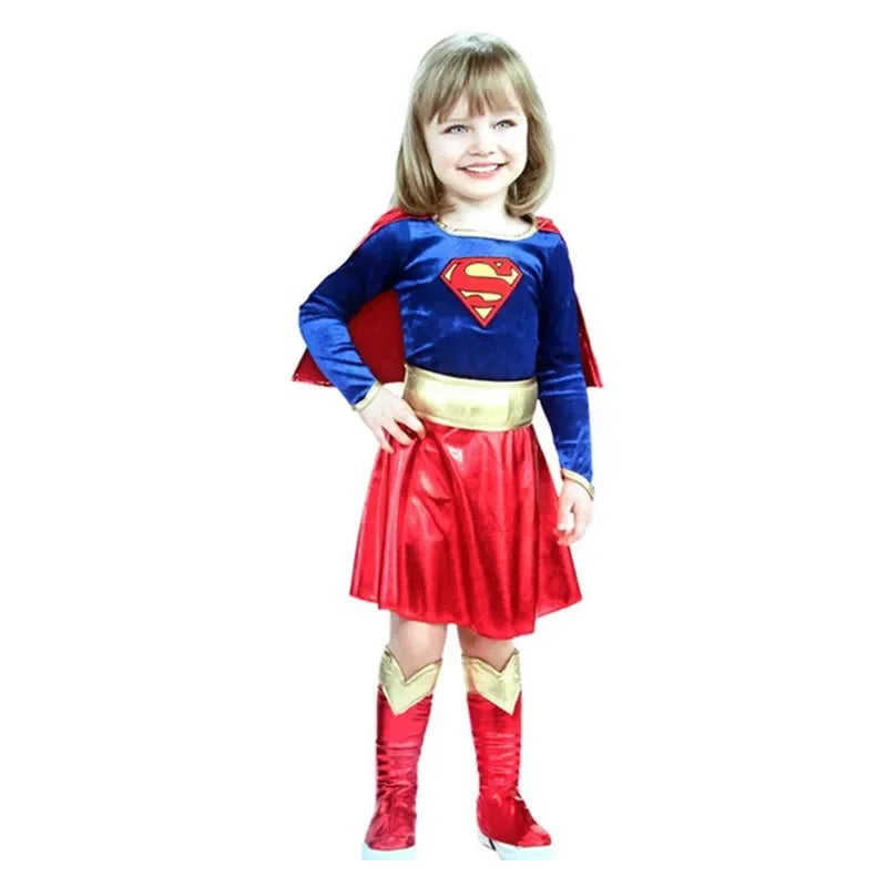 Child in superwoman dress cosplay costume with a blue top and red skirt, complete with cape and boots