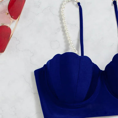 New Swimsuit Women Three Piece Set Solid Blue/Red/Orange/Black Summer Bikini European American Scallop 2024 Swimsuits Wholesale