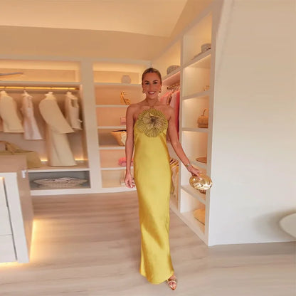 Elegant Party Women's Dress 3D Flower Halter Sleeveless Backless Mermaid Satin Female Dresses 2025 Summer Chic Evening Lady Robe