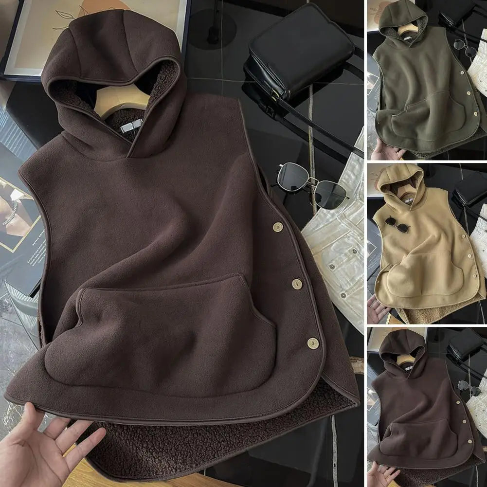 Lady Thermal Vest Women Side Button Closure Fleece Hooded Vest Solid Color Front Pocket Casual Top For Fall Winter