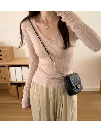 Autumn Sexy Classic V-neck Knitted Female T-shirts New Elastic Fashion Slim Simple Casual Pure Color Long Sleeves Women T-shirts