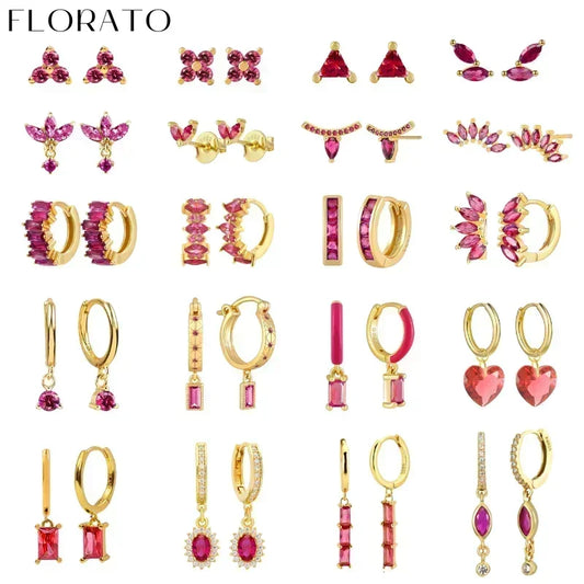 925 Sterling Silver Ear Needle Rose colors Zircon Hoop Geometric Pendant Earrings for women Luxury Fashion Wedding Jewellery2023