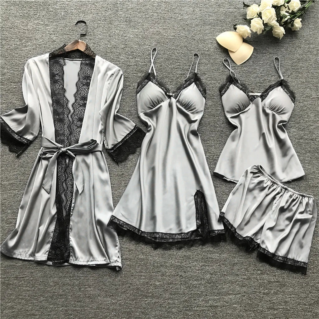 4 Pieces Pajamas Sets Satin Sleepwear Women Silk Nightwear Pyjama Strap Lace Sleep Lounge Pajama with Chest Pads