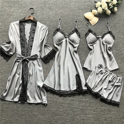 4 Pieces Pajamas Sets Satin Sleepwear Women Silk Nightwear Pyjama Strap Lace Sleep Lounge Pajama with Chest Pads