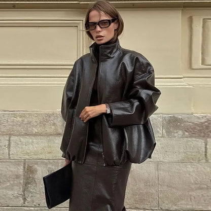 Leather Fashion Jacket Skirt Sets Women Zipper Loose Street Stand Collar Coats Straight Midi Skirts Suits 2025 Autumn Party Chic