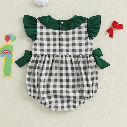 EtherealBe plaid patchwork romper for infants in green and gray with ruffled sleeves and button back