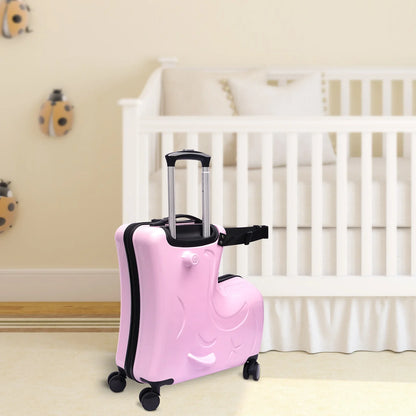 EtherealBe Kids ride-on travel luggage in pink design with easy-rolling wheels for fun travel