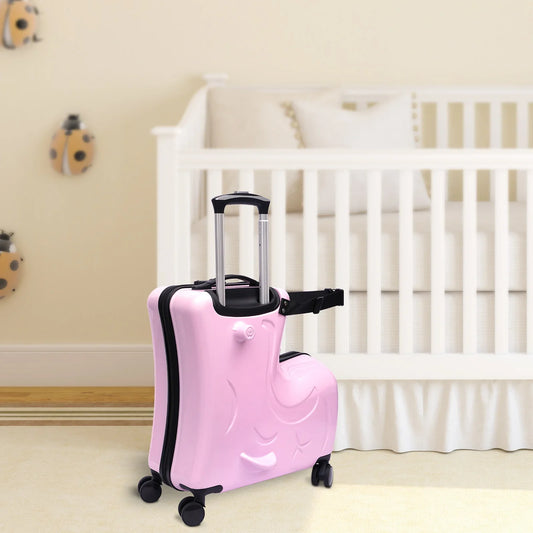 EtherealBe Kids ride-on travel luggage in pink design with easy-rolling wheels for fun travel