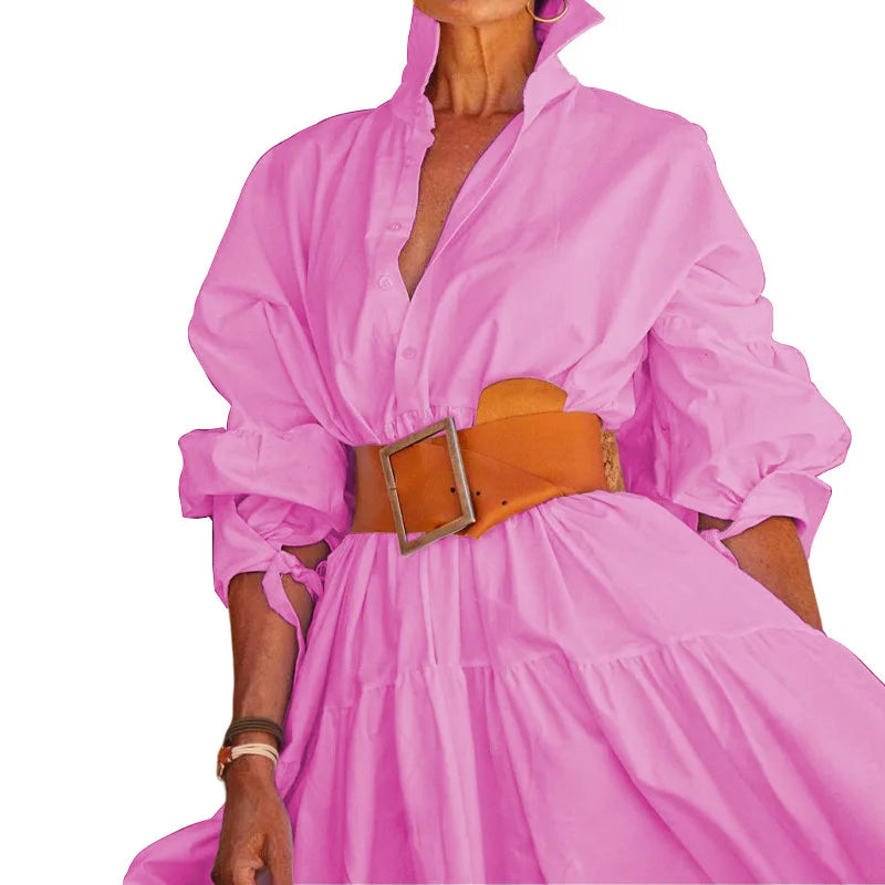 2024 Autumn New Women's Clothing Solid Color Fashionable Temperament Long Sleeved Sleeve Lace Up Casual Mid Length Lapel Dress