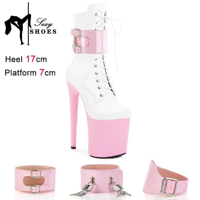 New Sexy Red Fetish Zip Women's Boots T Show Lock Belt Buckle Club Party Ankle Boots Thin High Heels Laces Stripper Heels Boots