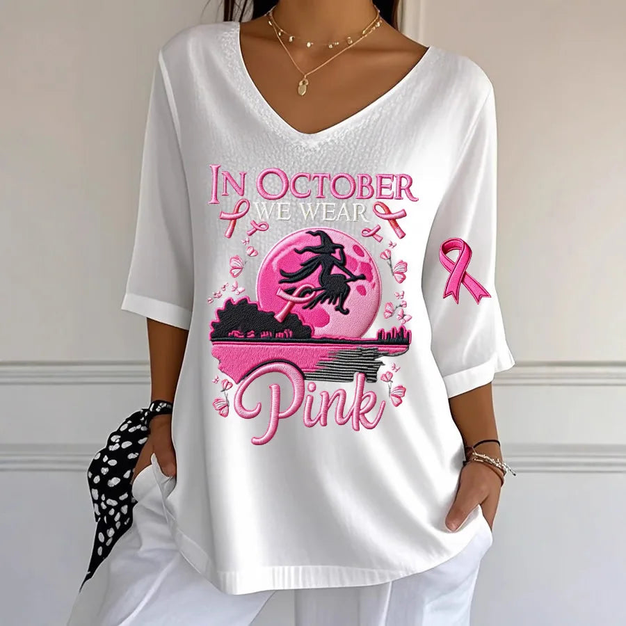 EtherealBe women's Halloween graphic t-shirt featuring a witch and pink October message