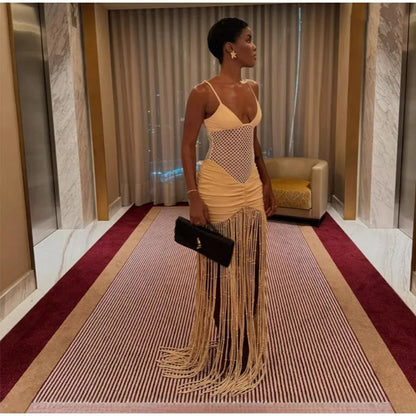 Hollow Out See-through Long Dress Women Holiday Tassels High Waist Sleeveless Strap Dresses Female Backless Evening Club  Robe