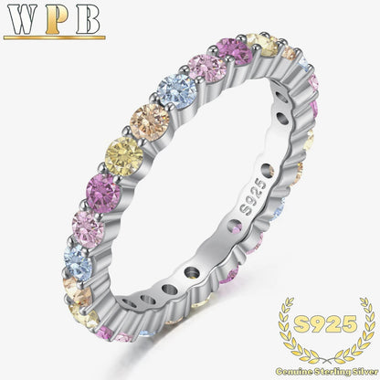 Genuine S925 Sterling Silver Sparkling Colorful Zircon Ring - Elegant 2mm Round Multicolor Jewelry for Party Wedding Daily Wear