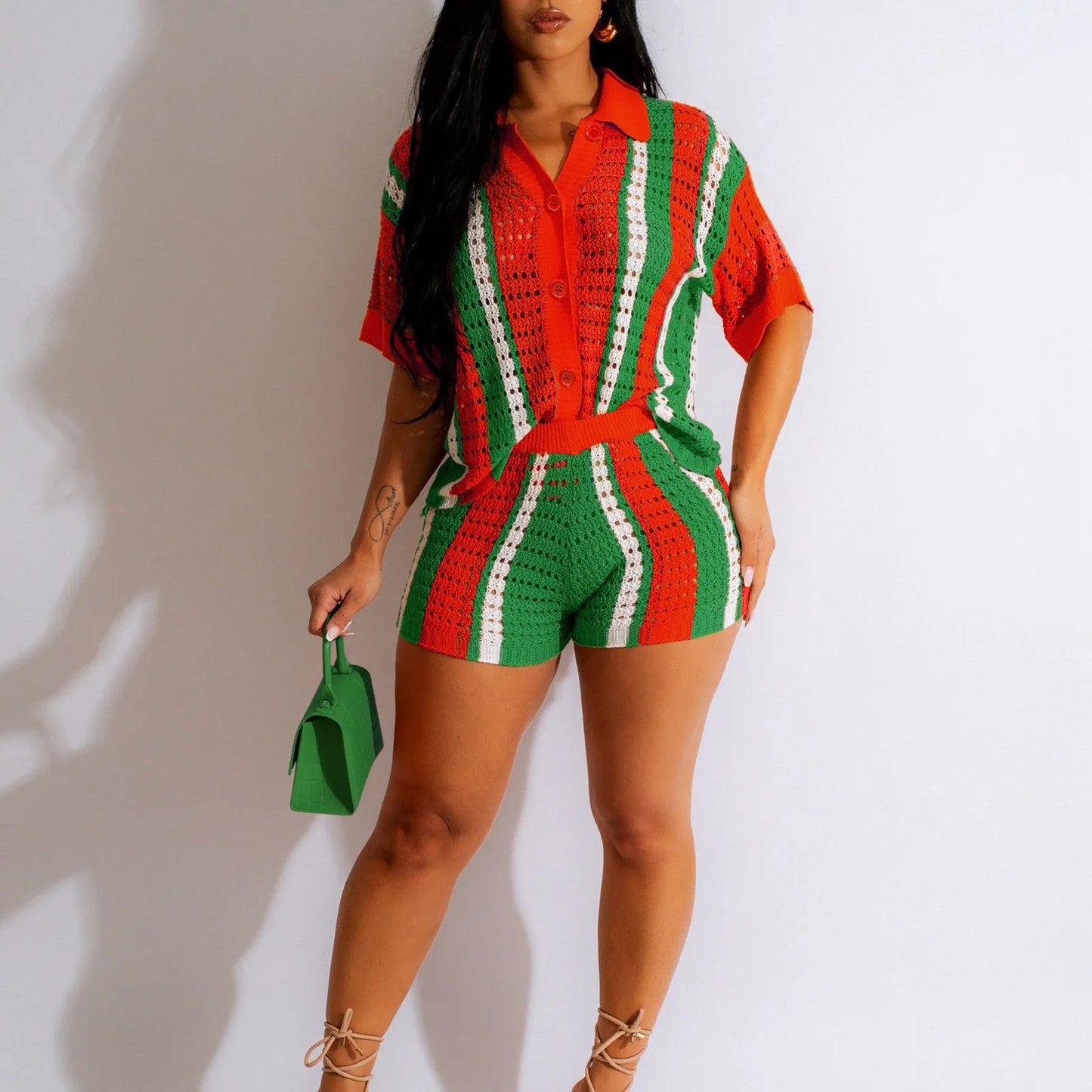 Women Summer Beach Vacation Two 2 Piece Outfits Crochet Sets Causal Knit Short Sleeve Button Down Shirt And Shorts Matching Set