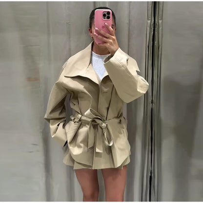 Belted Waist Cropped Trench Double Breasted Stand Collar 2025 Autumn Chic Elegant Women Coat Casual Vintage Office Lady Jacket