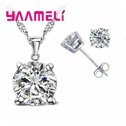 Fast Shipping 925 Serling Silver Color Shiny Cubic Zirconia Necklace Pendant Earrings Women Big Round Crystal Jewelry Sets